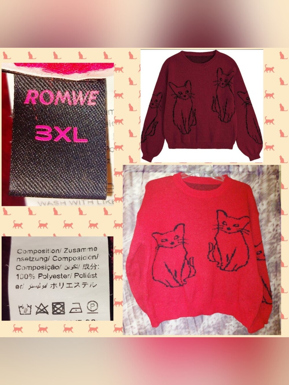 Romwe Burgundy w/Black Cartoon Cat Bishop L/S Crew Neck Pullover Sweater Sz 3XL